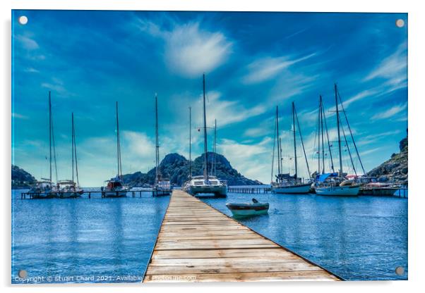 Bay with boats on a jetty artwork Acrylic by Travel and Pixels 