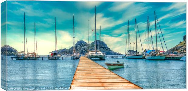Bay with boats on a jetty - Panorama artwork Canvas Print by Travel and Pixels 