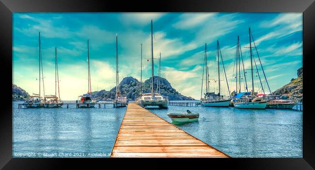 Bay with boats on a jetty - Panorama artwork Framed Print by Travel and Pixels 