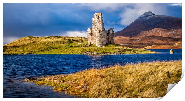 The ruins of Ardvreck Castle on Loch Assynt Print by John Frid
