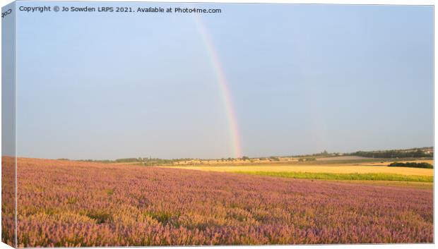 Rainbow over Lavender field Canvas Print by Jo Sowden