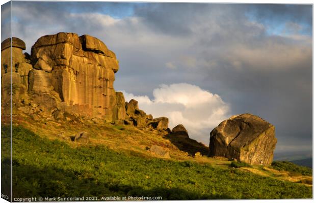Clouds Clearing Over Cow and Calf Rocks at Sunrise on Ilkley Moor Canvas Print by Mark Sunderland