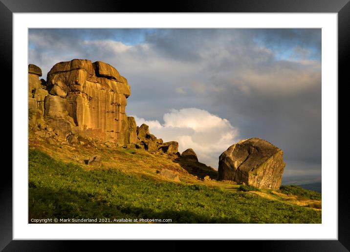 Clouds Clearing Over Cow and Calf Rocks at Sunrise on Ilkley Moor Framed Mounted Print by Mark Sunderland