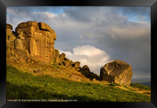 Clouds Clearing Over Cow and Calf Rocks at Sunrise on Ilkley Moor Framed Print by Mark Sunderland