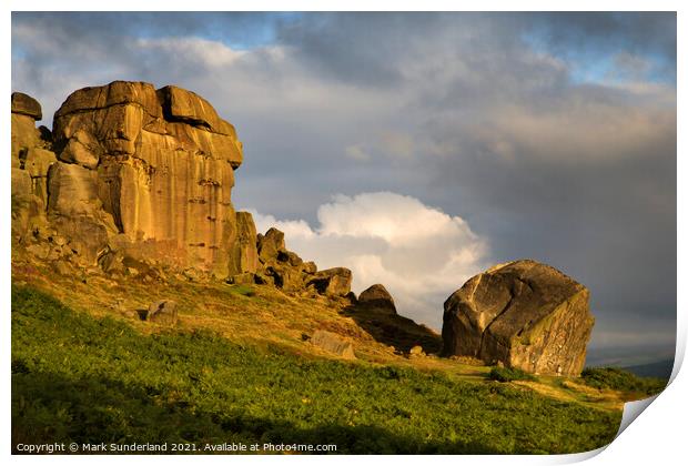Clouds Clearing Over Cow and Calf Rocks at Sunrise on Ilkley Moor Print by Mark Sunderland
