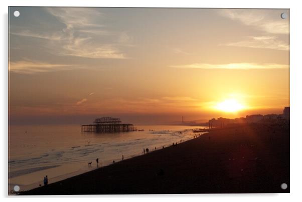 Setting sun and West Pier at Brighton, Sussex, UK. Acrylic by Peter Bolton