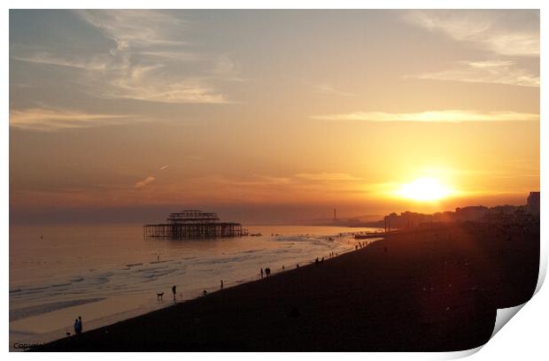 Setting sun and West Pier at Brighton, Sussex, UK. Print by Peter Bolton