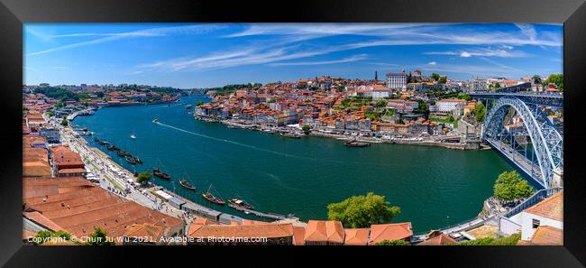 Panorama of Dom Luis I Bridge, the River Douro, and the Ribeira district in Porto, Portugal Framed Print by Chun Ju Wu