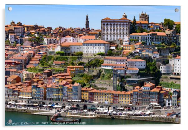 River Douro and the riverbank of Ribeira District in Porto, Portugal Acrylic by Chun Ju Wu