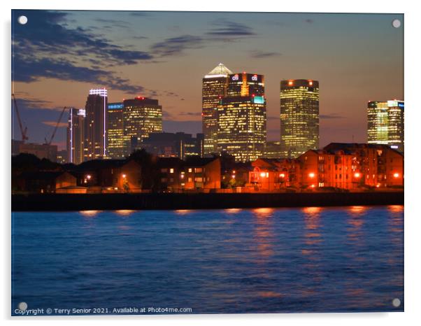 Isle of Dogs Canary Wharf the River Thames at Dusk Acrylic by Terry Senior