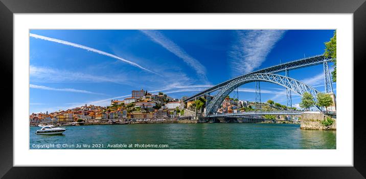 Panorama of the riverbank of Ribeira District and Dom Luis I Bridge in Porto, Portugal Framed Mounted Print by Chun Ju Wu