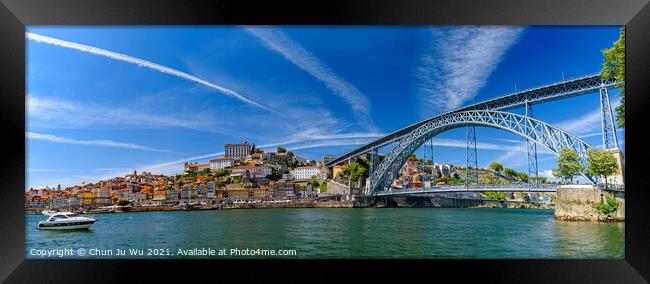 Panorama of the riverbank of Ribeira District and Dom Luis I Bridge in Porto, Portugal Framed Print by Chun Ju Wu