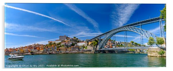 Panorama of the riverbank of Ribeira District and Dom Luis I Bridge in Porto, Portugal Acrylic by Chun Ju Wu