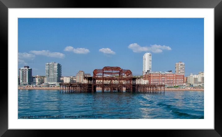 Ruins of West Pier from the sea at Brighton, Sussex, UK. Framed Mounted Print by Peter Bolton