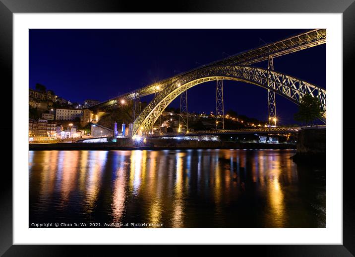 Night view of Dom Luis I Bridge, a double-deck bridge across the River Douro in Porto, Portugal Framed Mounted Print by Chun Ju Wu