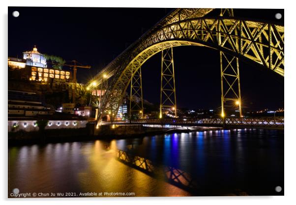Night view of Dom Luis I Bridge, a double-deck bridge across the River Douro in Porto, Portugal Acrylic by Chun Ju Wu