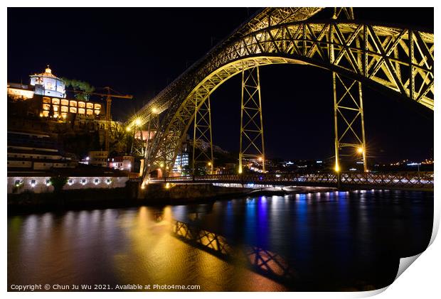 Night view of Dom Luis I Bridge, a double-deck bridge across the River Douro in Porto, Portugal Print by Chun Ju Wu