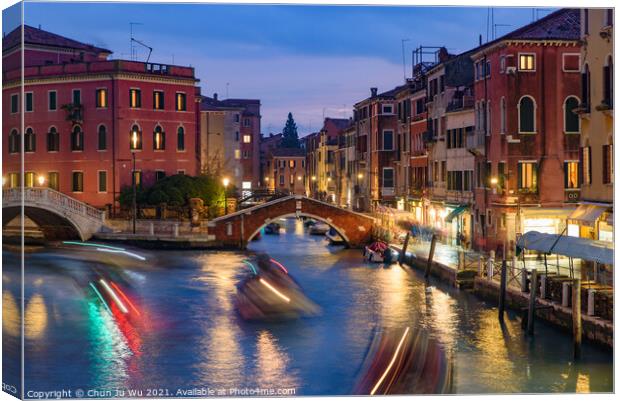 Night view of the canal, bridge, and old buildings in Venice, Italy Canvas Print by Chun Ju Wu