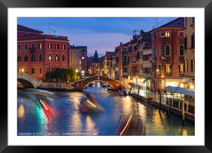 Night view of the canal, bridge, and old buildings in Venice, Italy Framed Mounted Print by Chun Ju Wu