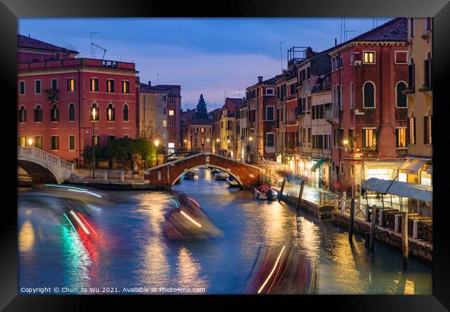 Night view of the canal, bridge, and old buildings in Venice, Italy Framed Print by Chun Ju Wu