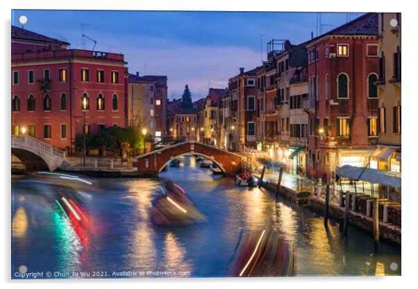 Night view of the canal, bridge, and old buildings in Venice, Italy Acrylic by Chun Ju Wu