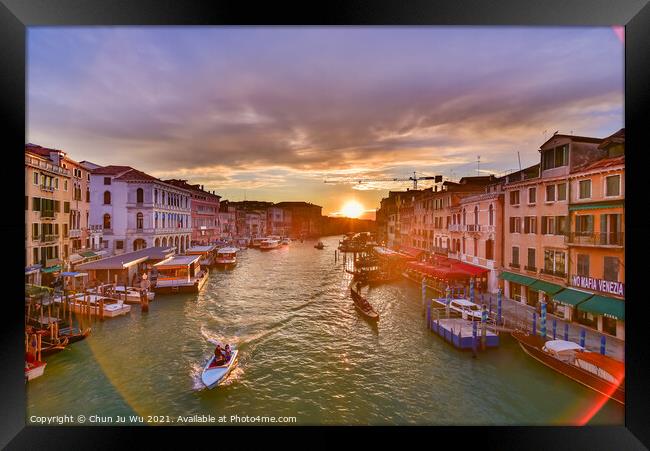 The Grand Canal with gondola and vaporetto at sunset time, Venice, Italy Framed Print by Chun Ju Wu