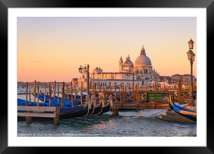 Basilica di Santa Maria della Salute and gondolas on the sea at sunrise / sunset time, Venice, Italy Framed Mounted Print by Chun Ju Wu