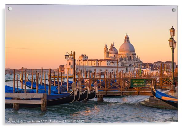Basilica di Santa Maria della Salute and gondolas on the sea at sunrise / sunset time, Venice, Italy Acrylic by Chun Ju Wu
