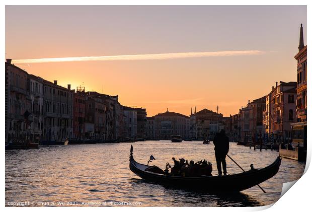 Silhouette of gondola on the Grand Canal at sunrise / sunset time, Venice, Italy Print by Chun Ju Wu
