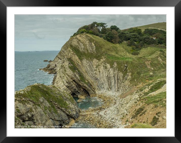 Rock formations at Lulworth Cove Framed Mounted Print by JUDI LION