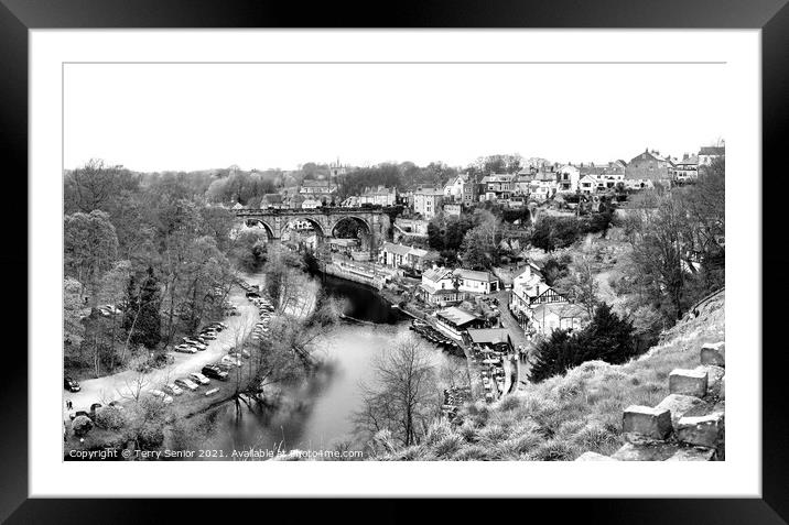 Panoramic View of Knaresborough Showing the River Nidd in black and white. Framed Mounted Print by Terry Senior