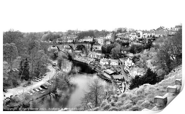 Panoramic View of Knaresborough Showing the River Nidd in black and white. Print by Terry Senior