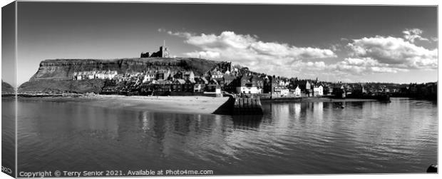 A B&W Panoramic view of Whitby Beach and Harbour Canvas Print by Terry Senior