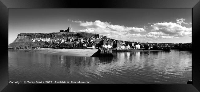 A B&W Panoramic view of Whitby Beach and Harbour Framed Print by Terry Senior