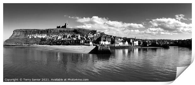 A B&W Panoramic view of Whitby Beach and Harbour Print by Terry Senior