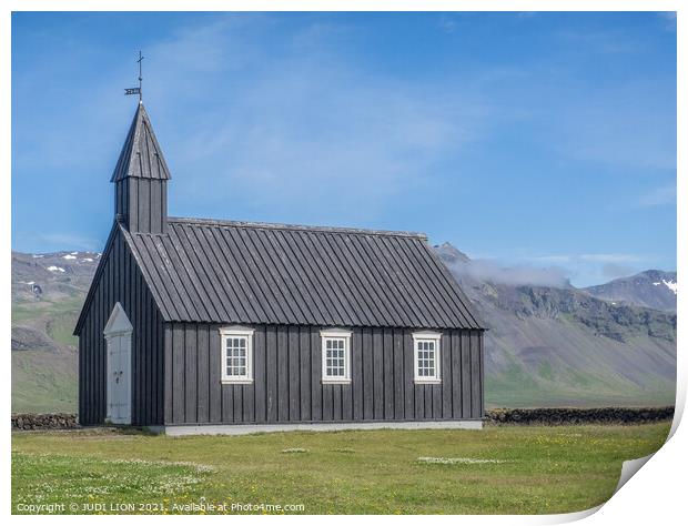 Black Icelandic Church Print by JUDI LION