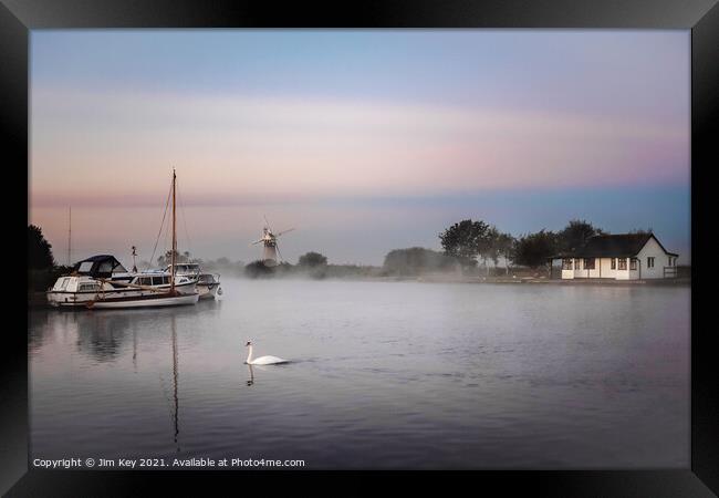 Thurne Dyke Misty Sunrise Norfolk Broads Framed Print by Jim Key