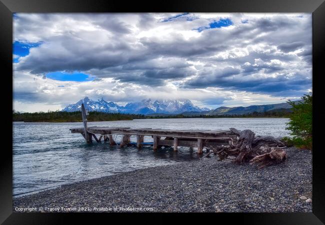 Jetty on the River Serrano, Torres del Paine, Chil Framed Print by Tracey Turner