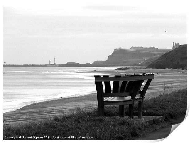 Bench at Sandsend,Whitby,Yorkshire. Print by Robert Gipson