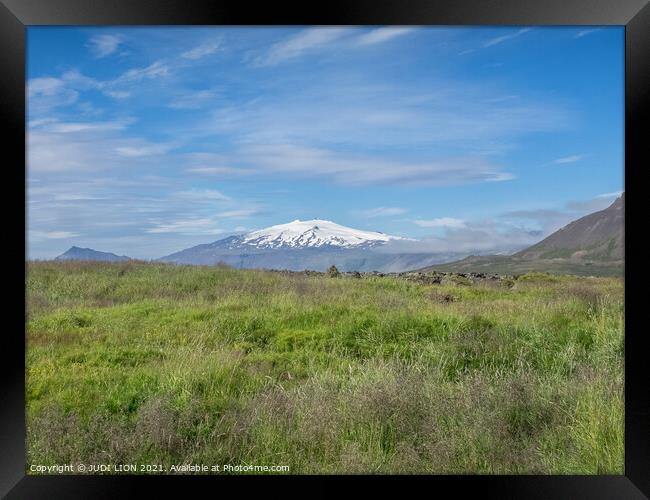 Snow capped mountain Iceland Framed Print by JUDI LION