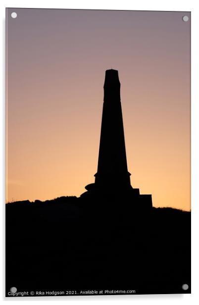 Spring Sunset, Basset Monument silhouette, Carn Br Acrylic by Rika Hodgson