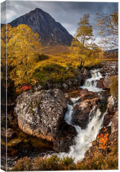 Buachaille Etive Mor Waterfall in autumn Canvas Print by Andrew Kearton