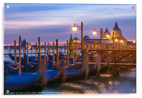 Basilica di Santa Maria della Salute and gondolas on the sea at sunrise / sunset time, Venice, Italy Acrylic by Chun Ju Wu