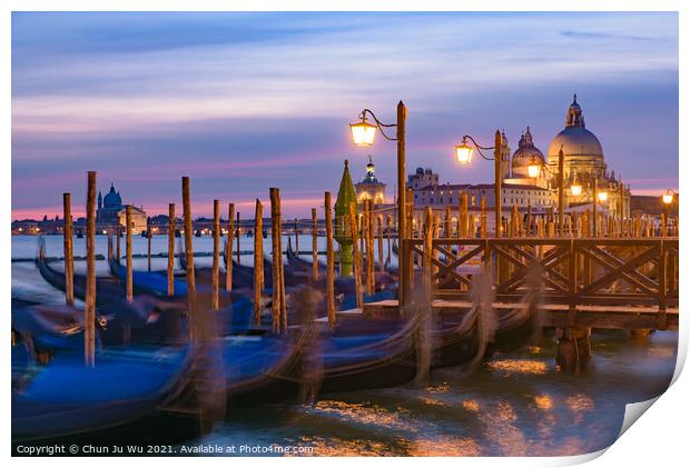 Basilica di Santa Maria della Salute and gondolas on the sea at sunrise / sunset time, Venice, Italy Print by Chun Ju Wu