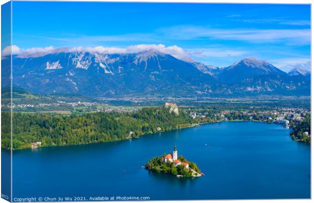 Aerial view of Bled Island and Lake Bled from Osojnica Hill, a popular tourist destination in Slovenia Canvas Print by Chun Ju Wu