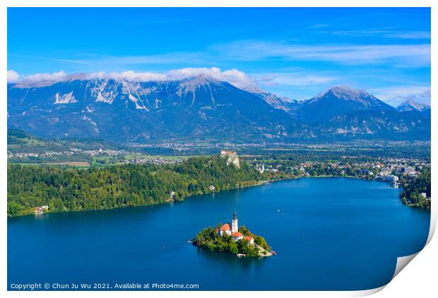 Aerial view of Bled Island and Lake Bled from Osojnica Hill, a popular tourist destination in Slovenia Print by Chun Ju Wu