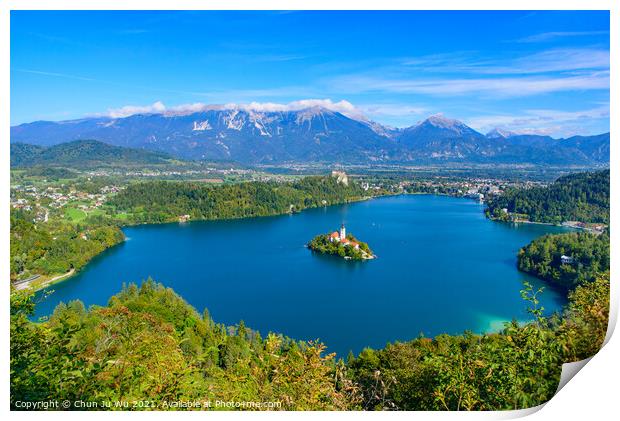 Aerial view of Bled Island and Lake Bled from Osojnica Hill, a popular tourist destination in Slovenia Print by Chun Ju Wu