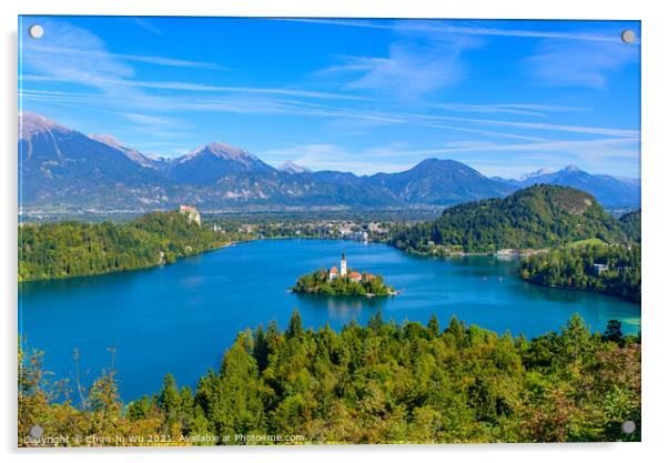 Aerial view of Bled Island and Lake Bled from Osojnica Hill, a popular tourist destination in Slovenia Acrylic by Chun Ju Wu