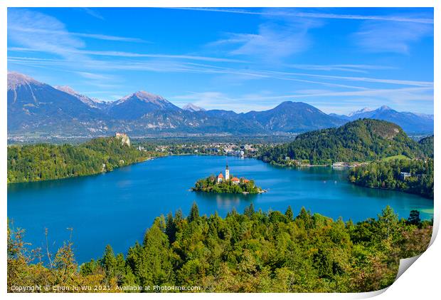 Aerial view of Bled Island and Lake Bled from Osojnica Hill, a popular tourist destination in Slovenia Print by Chun Ju Wu