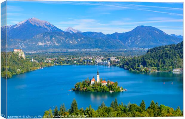 Aerial view of Bled Island and Lake Bled from Osojnica Hill, a popular tourist destination in Slovenia Canvas Print by Chun Ju Wu